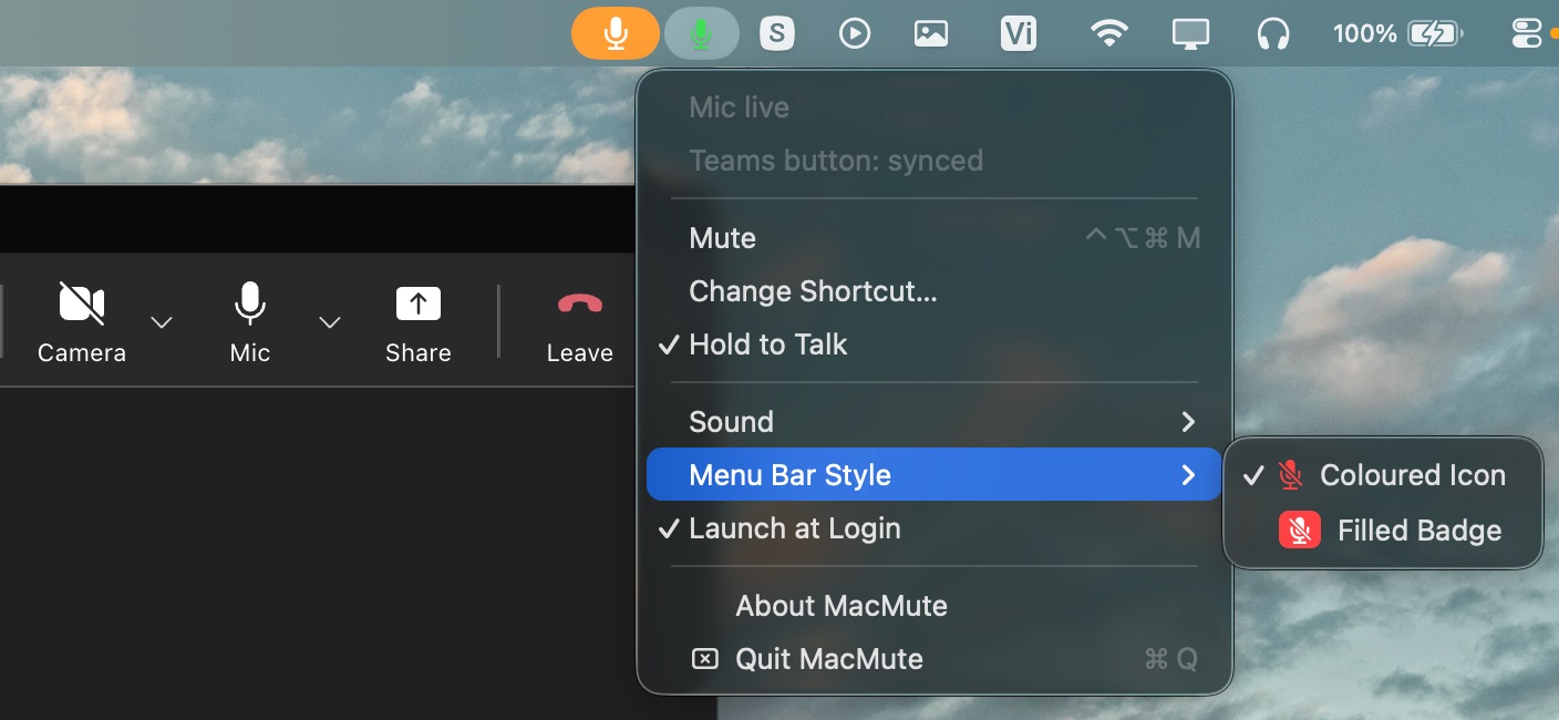 The MacMute menu open in the macOS menu bar during a Microsoft Teams call, showing microphone status and settings