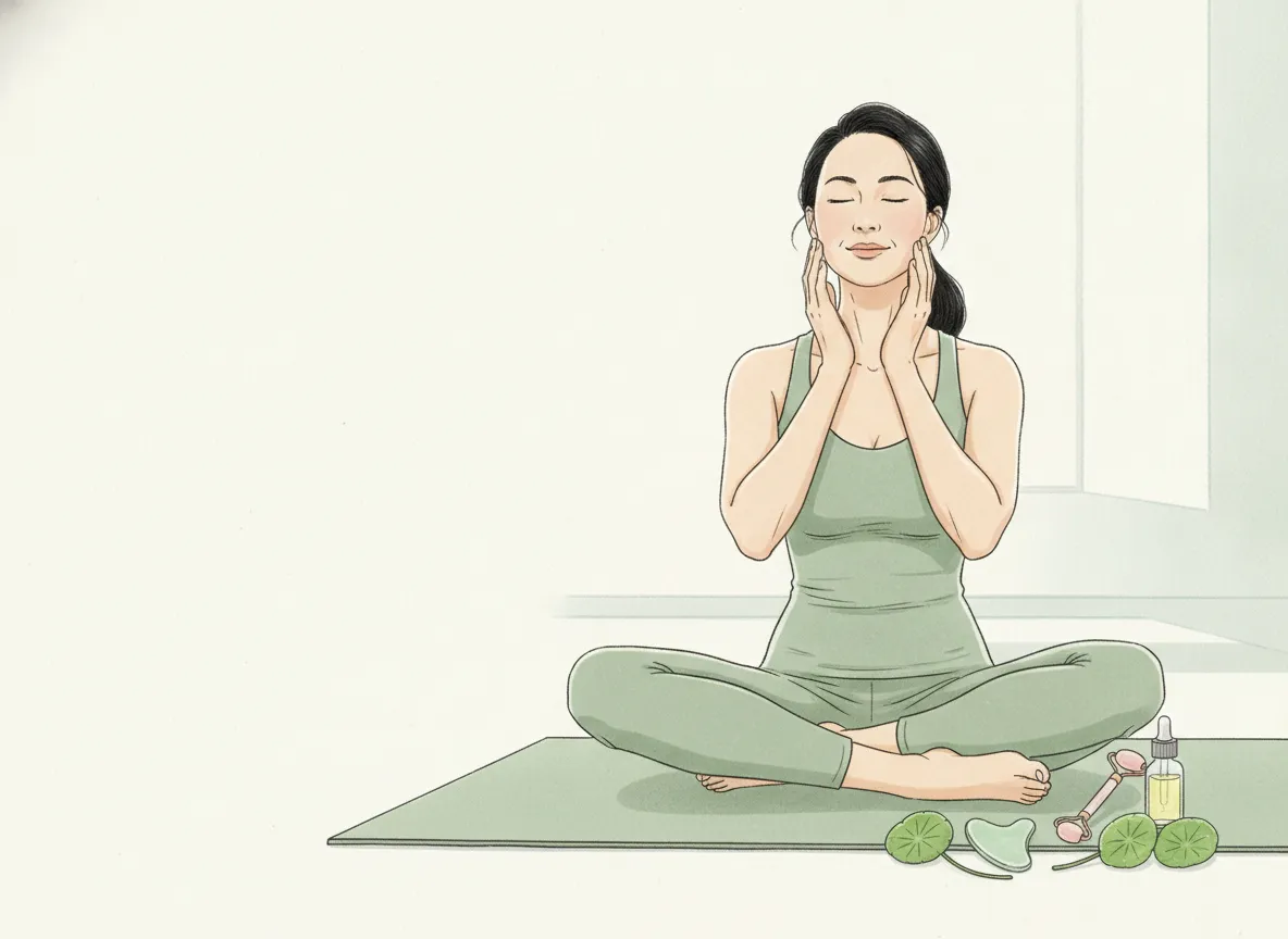 Minh hoạ người phụ nữ ngồi thiền, đầu ngón tay đặt nhẹ trên gò má