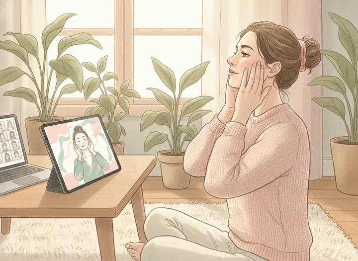 Minh hoạ người phụ nữ tập face yoga theo bài học trên máy tính bảng