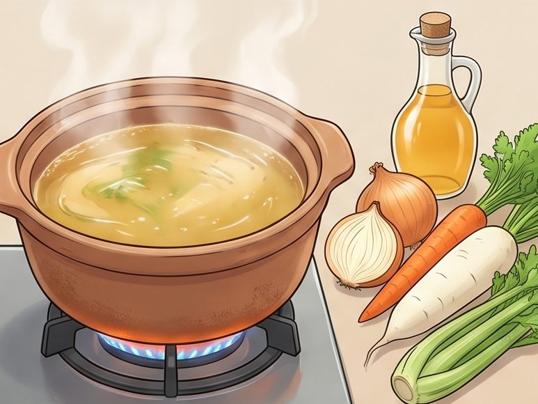 Minh hoạ nồi nước hầm xương gà với hành tây, cà rốt, củ cải, cần tây