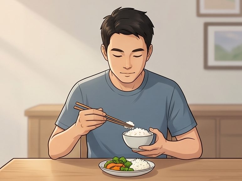 Minh hoạ người ăn chậm rãi, cầm bát cơm, không có điện thoại