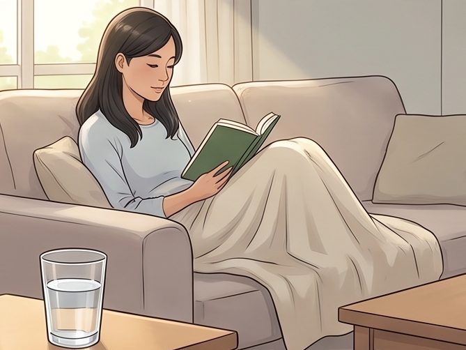 Minh hoạ người phụ nữ nghỉ ở nhà đọc sách, cốc nước bên cạnh
