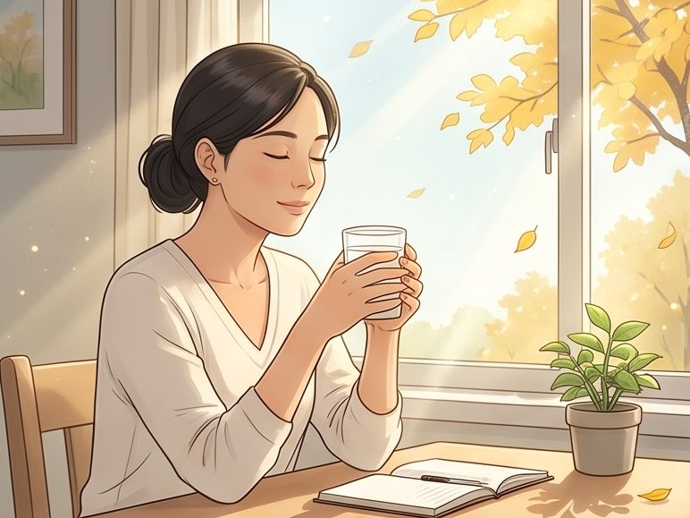 Minh hoạ người phụ nữ ngồi bên cửa sổ mùa thu, hai tay cầm cốc nước